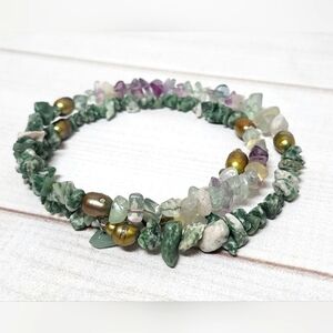 Handmade Coil Wrap Bracelet – Tree Agate, Fluorite, Amethyst - New